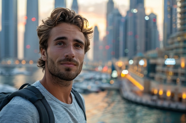 Foto gratuita retrato de un hombre visitando la lujosa ciudad de dubái