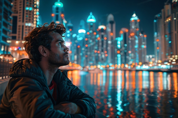 Foto gratuita retrato de un hombre visitando la lujosa ciudad de dubái