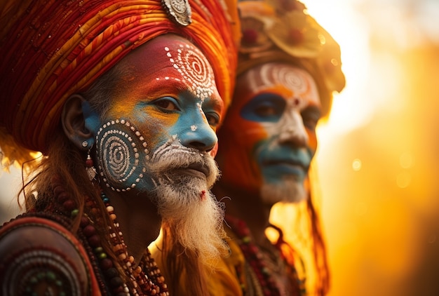 Retrato de hombres indios con maquillaje tradicional.