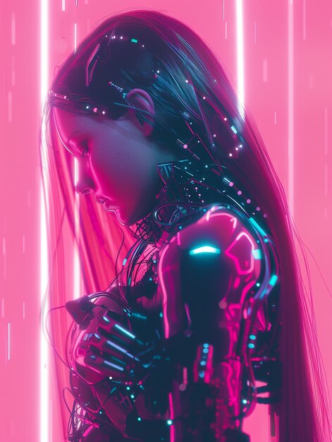 Retrato de humanoide femenina futurista con tecnología avanzada