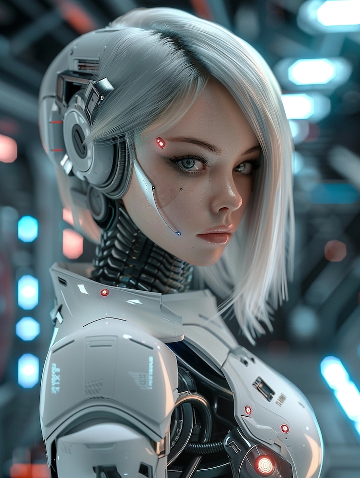 Foto gratuito retrato de humanoide femenina futurista con tecnología avanzada