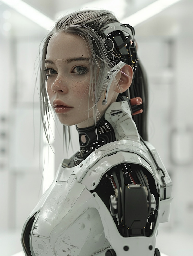 Foto gratuito retrato de humanoide femenina futurista con tecnología avanzada