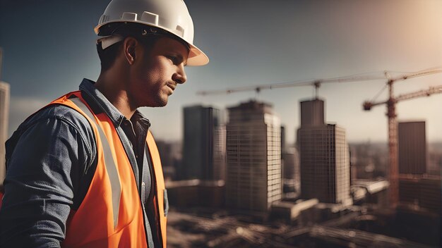 Retrato de un ingeniero civil en el fondo de un sitio de construcción