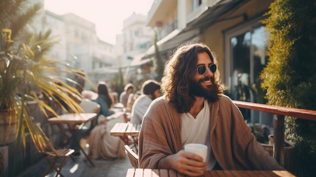 Foto gratuita retrato de jesús haciendo cosas contemporáneas en el mundo moderno.