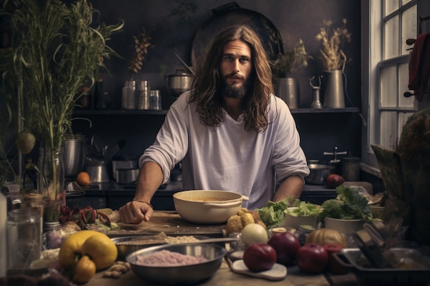 Foto gratuita retrato de jesús haciendo cosas contemporáneas en el mundo moderno.