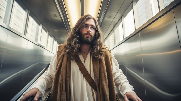 Foto gratuito retrato de jesús haciendo cosas contemporáneas en el mundo moderno.