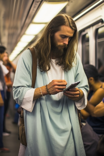 Foto gratuita retrato de jesús haciendo cosas contemporáneas en el mundo moderno.