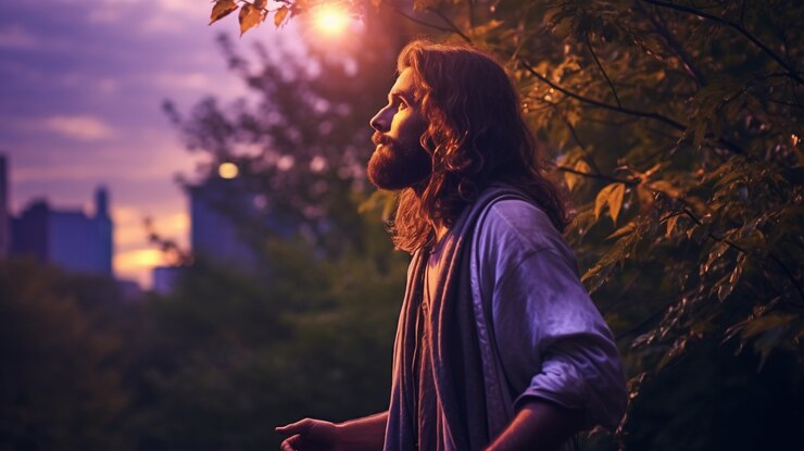 Foto gratuito retrato de jesús haciendo cosas contemporáneas en el mundo moderno.