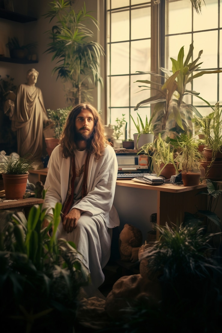 Foto gratuito retrato de jesús en el mundo moderno haciendo cosas contemporáneas.