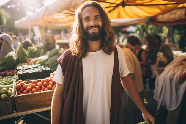 Retrato de Jesús en el mundo moderno haciendo cosas contemporáneas.