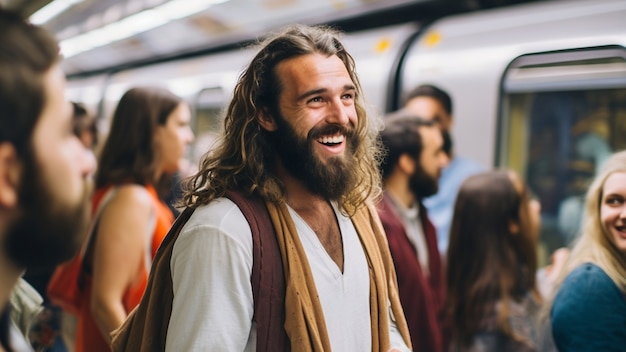 Foto gratuita retrato de jesús en el mundo moderno haciendo cosas contemporáneas.