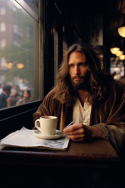 Retrato de Jesús en el mundo moderno haciendo cosas contemporáneas.