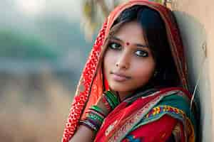 Foto gratuita retrato de una joven y bella mujer india con sari