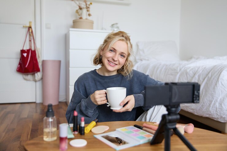 Foto gratuito retrato de una joven blogger influyente en las redes sociales sentada frente a la cámara con una taza de té