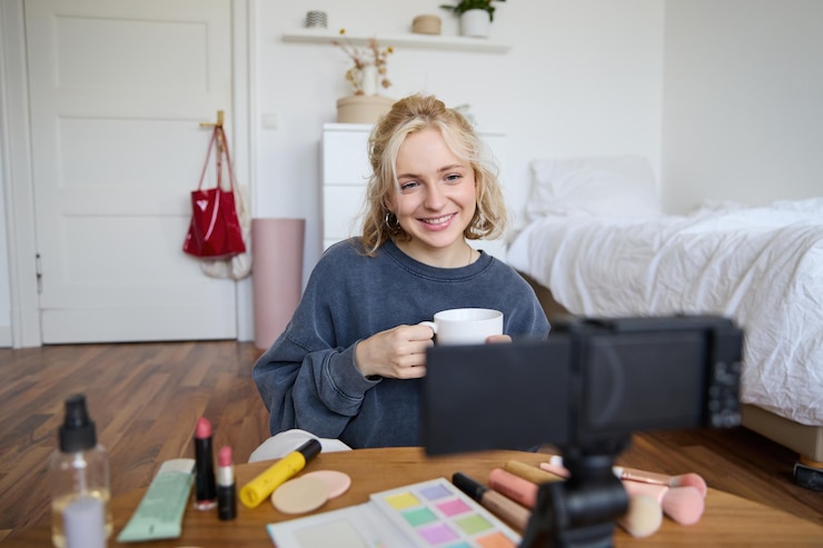 Foto gratuito retrato de una joven bloguera de estilo de vida sentada en el dormitorio y hablando con una cámara digital bebiendo