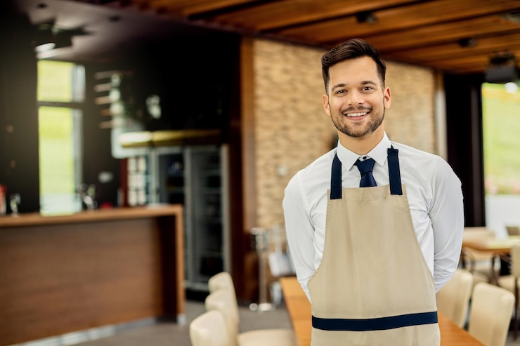 Foto gratuito retrato de un joven camarero feliz en un café