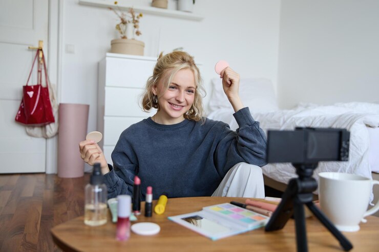 Foto gratuito retrato de una joven creadora de contenido de belleza sentada en una habitación frente a una cámara digital