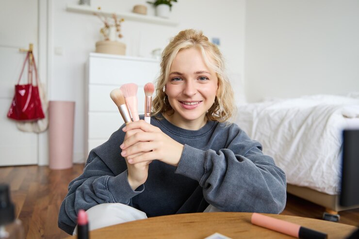 Foto gratuito retrato de una joven creadora de contenido haciendo un video sobre maquillaje mostrando pinceles a la audiencia