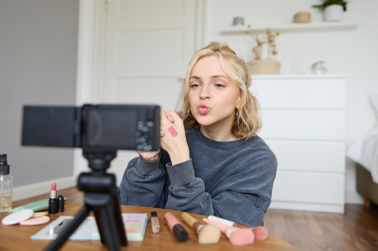 Foto gratuito retrato de una joven creadora de contenidos creativos en las redes sociales que muestra muestras de lápiz labial en su mano