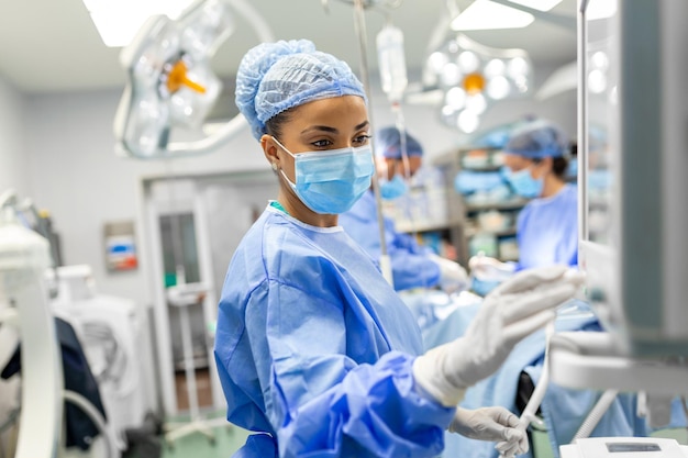 Retrato de una joven doctora en matorrales y una máscara protectora que prepara una máquina de anestesia antes de una operación