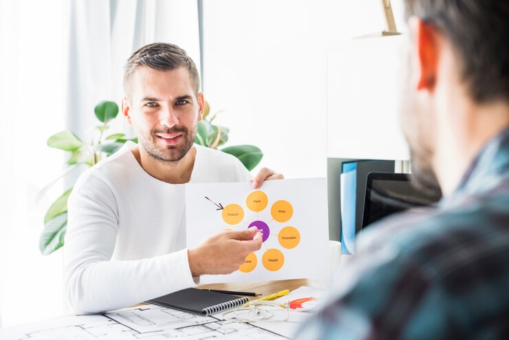 Foto gratuito retrato de un joven empresario con gráfico en la oficina