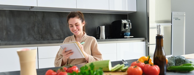 Foto gratuito retrato de una joven feliz escribe el menú para la cena se sienta en la cocina cerca de las verduras