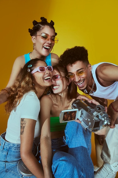 Retrato de un joven grupo de amigos al estilo de la moda de los años 2000 posando con cámara