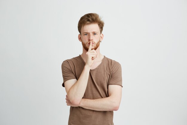 Retrato de joven guapo con barba recta mostrando para guardar silencio.