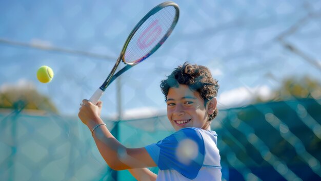 Retrato de un joven jugador practicando tenis