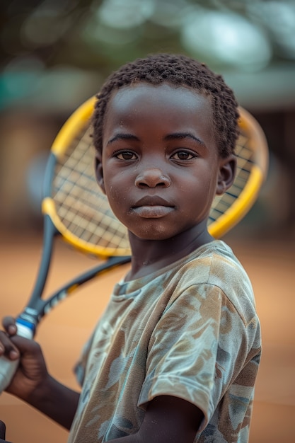 Retrato de un joven jugador practicando tenis