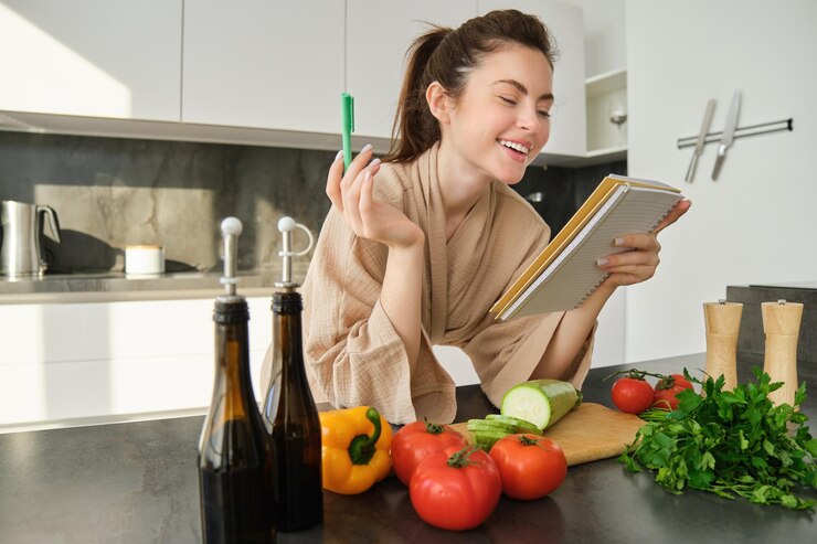 Foto gratuito retrato de una joven moderna cocinando haciendo lista de compras leyendo recetas y haciendo ensalada de comida
