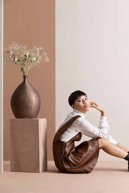 Retrato de joven mujer asiática en ropa de otoño