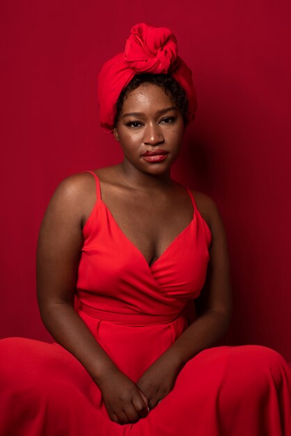 retrato, de, joven, mujer hermosa, con, vestido rojo