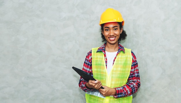 Retrato de una joven profesional de ingeniería civil negra que trabaja en arquitectura usando casco de seguridad para trabajar en un sitio de construcción o en un almacén usando una computadora portátil para trabajar