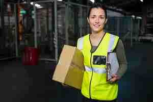 Foto gratuita retrato de joven trabajadora de pie en el almacén