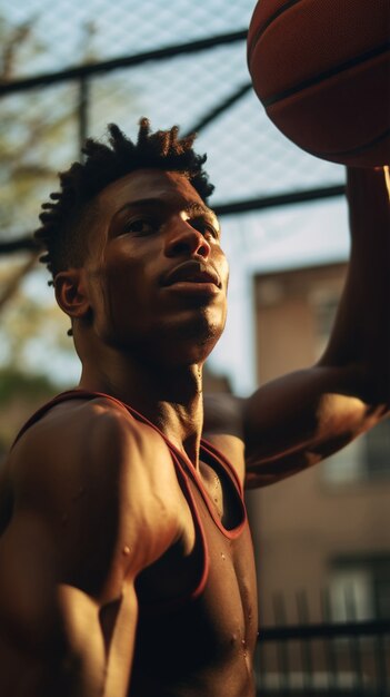 Retrato de un jugador de baloncesto masculino durante la vida diaria en la ciudad de Nueva York