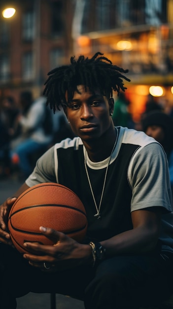 Foto gratuita retrato de un jugador de baloncesto masculino durante la vida diaria en la ciudad de nueva york