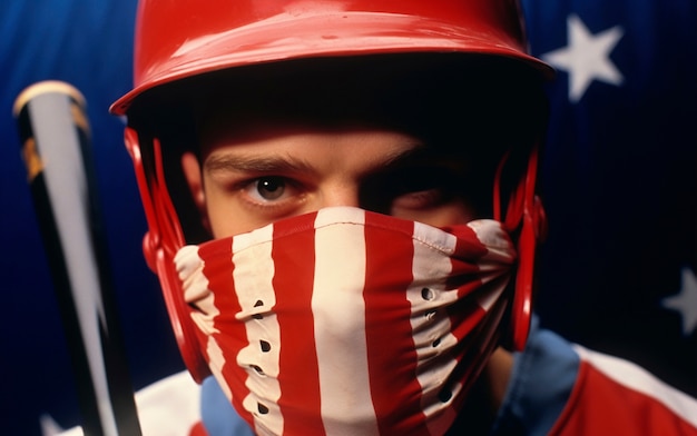 Retrato de un jugador de béisbol con máscara de bandera estadounidense