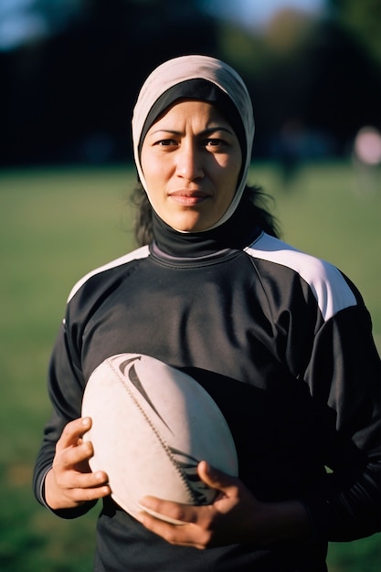 Foto gratuita retrato de un jugador de rugby con hijab