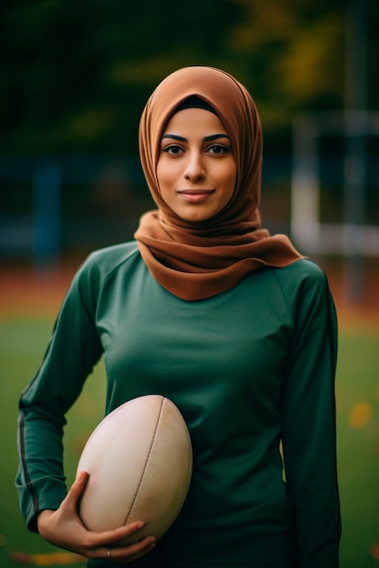 Foto gratuita retrato de un jugador de rugby con hijab