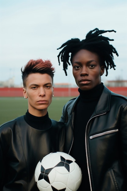 Foto gratuita retrato de jugadores de fútbol con pelota.