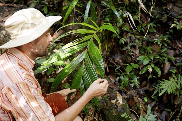 Retrato lateral del ecologista caucásico de mediana edad con maletín estudiando hojas de plantas exóticas verdes mientras realiza estudios ambientales al aire libre, explorando las condiciones de la naturaleza en la selva tropical