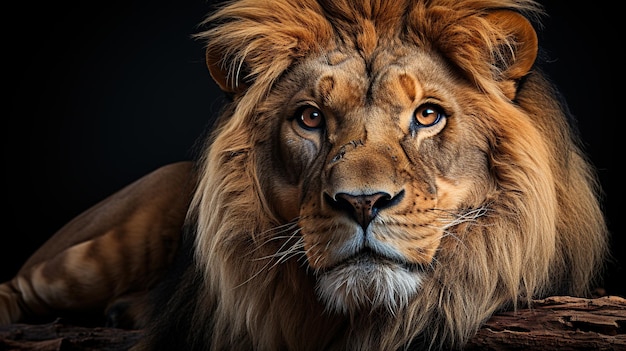 Retrato de un león sobre un fondo negro en el estudio.