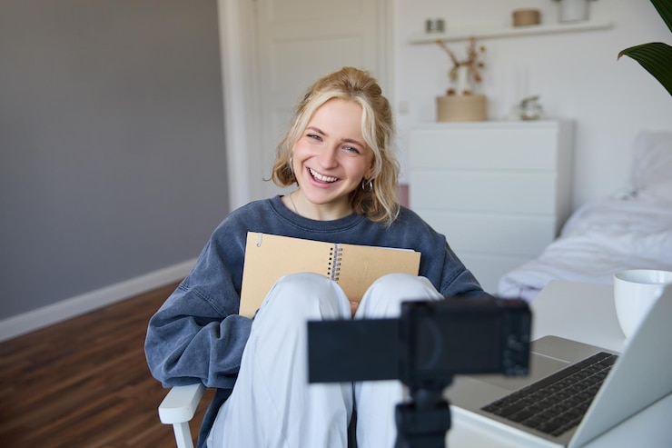 Foto gratuito retrato de una linda y sonriente joven creadora de contenido de redes sociales que graba video en una cámara digital y