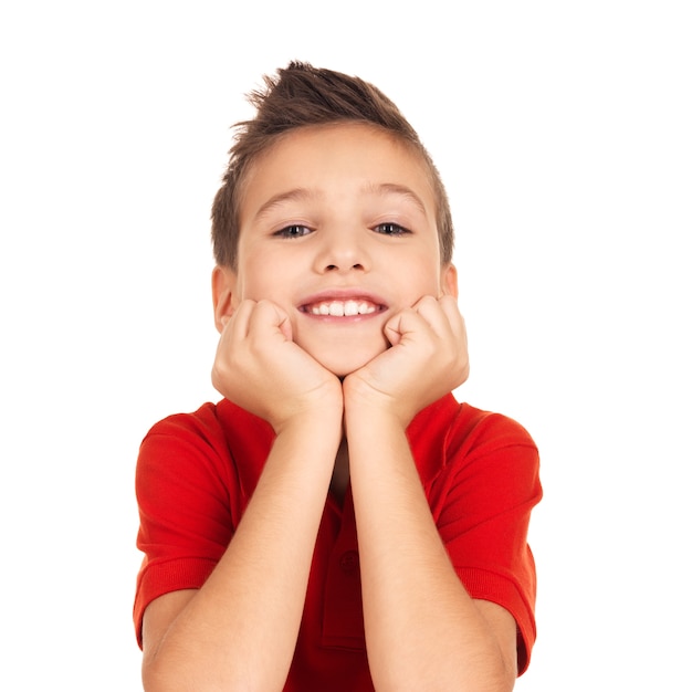 Foto gratuita retrato de un lindo niño feliz con bonita sonrisa. foto en espacio en blanco