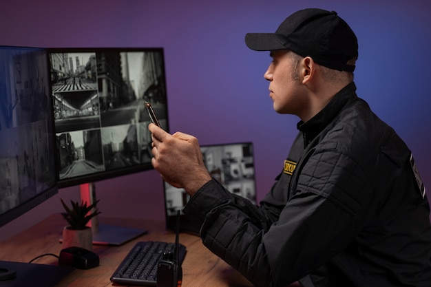 retrato, de, macho, guardia de seguridad, con, uniforme