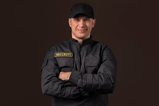 Foto gratuita retrato, de, macho, guardia de seguridad, con, uniforme