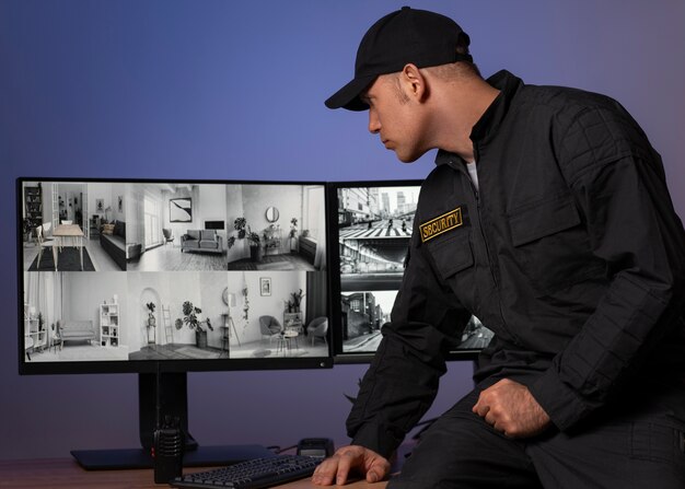 retrato, de, macho, guardia de seguridad, con, uniforme