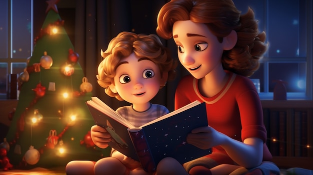 Retrato de una madre estilo caricatura celebrando la Navidad con su hijo