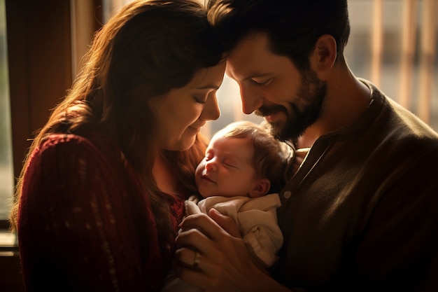 Retrato de madre y padre con un bebé recién nacido